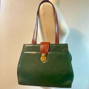 Vintage Green Leather Tote Bag With Lock and Key Made in Italy
